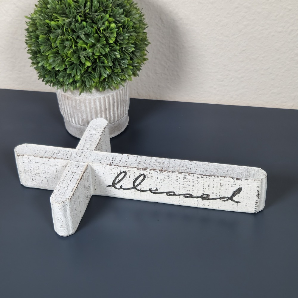 Rustic Distressed White Wood Blessed Cross Freestanding Farmhouse Decor 9.5in